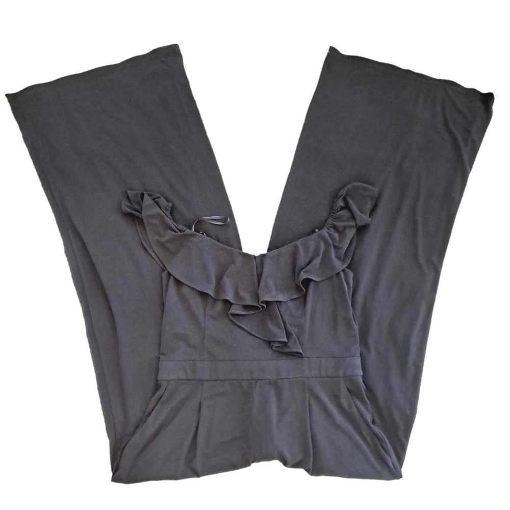 Eliza J. Black Ruffled Neckline Sleeveless Wide Leg Pantsuit Romper Jumper sz12